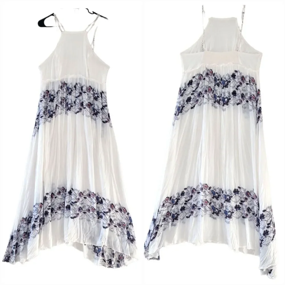 Free People Babydoll Maxi Dress SIZE S Cream Combo Floral Slip Maxi Dress Sheer - Picture 3 of 16